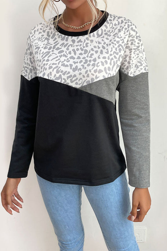 Perfee Leopard Color Block Pullover