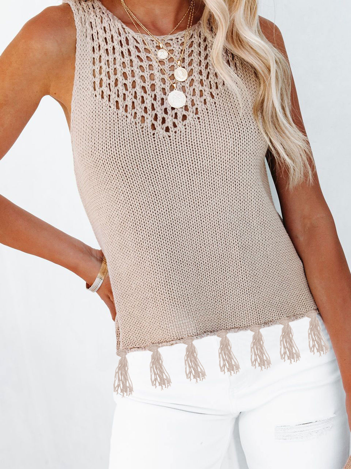 Cutout Tassel Round Neck Tank