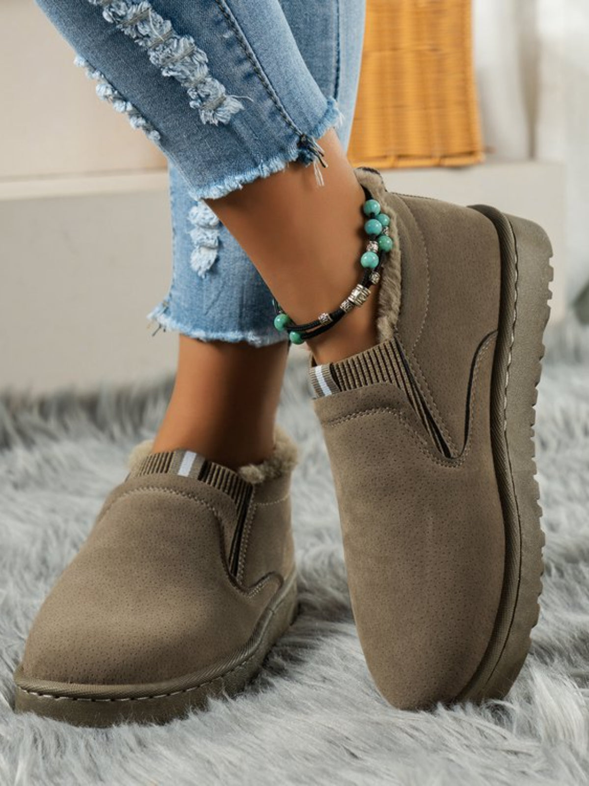 Faux Fur Suede Round Toe Booties