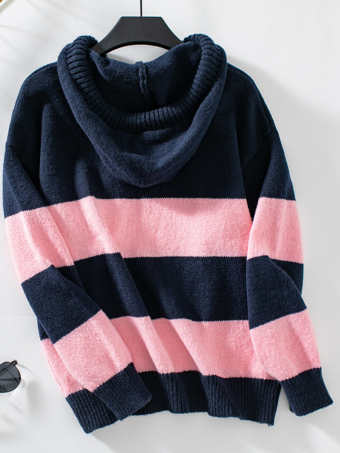 Drawstring Contrast Stripe Dropped Shoulder Hooded Sweater