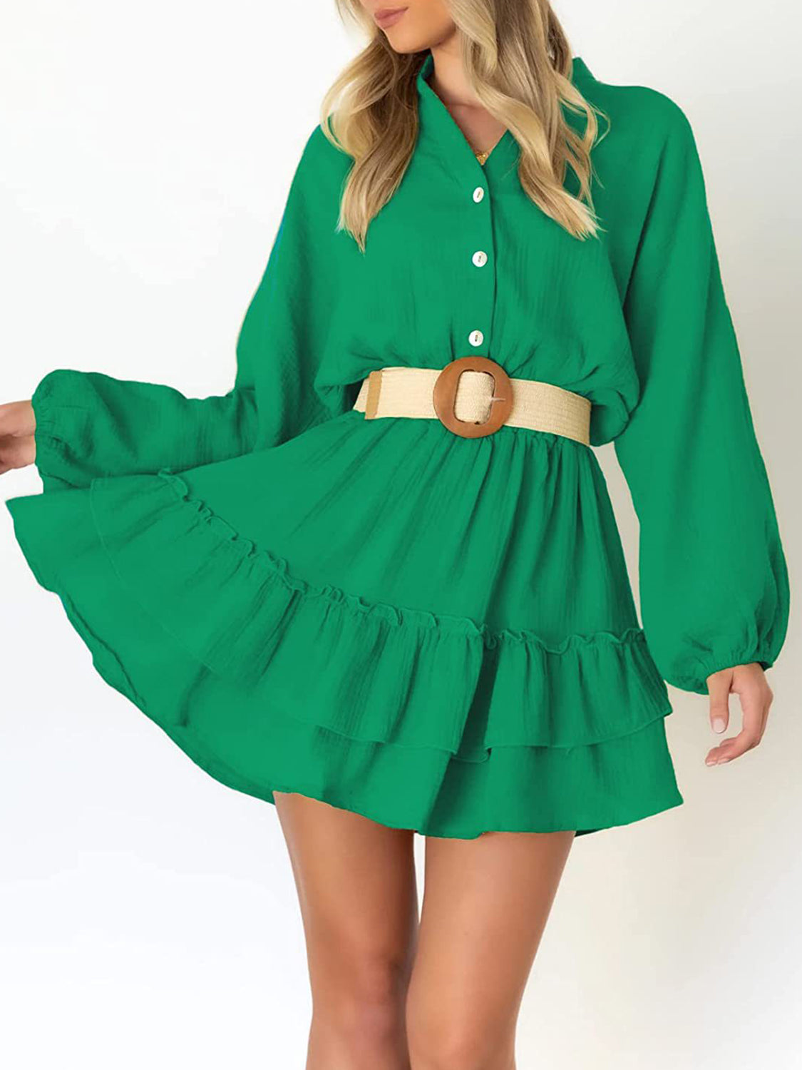 Ruffled Notched Balloon Sleeve Mini Dress