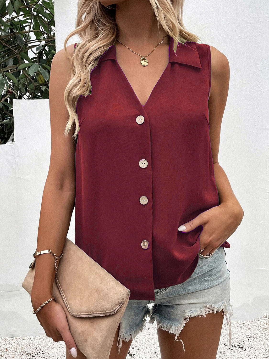 Full Size Johnny Collar Button Up Tank