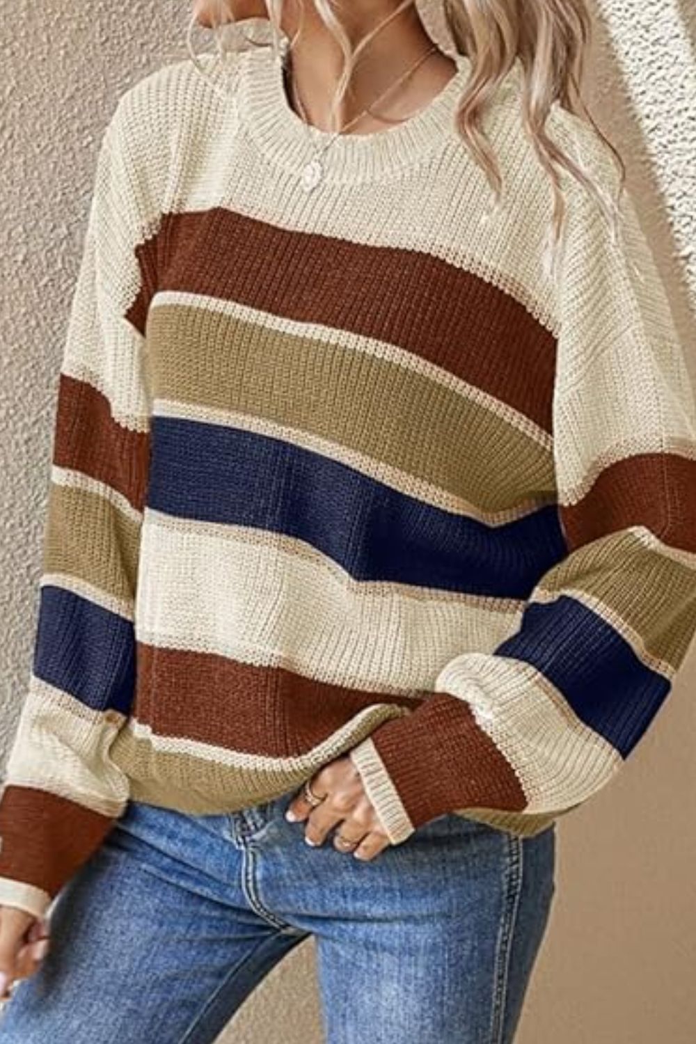 Contrast Striped Round Neck Long Sleeve Sweater