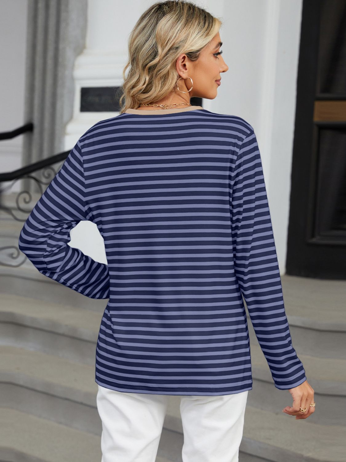 Striped Notched Long Sleeve T-Shirt