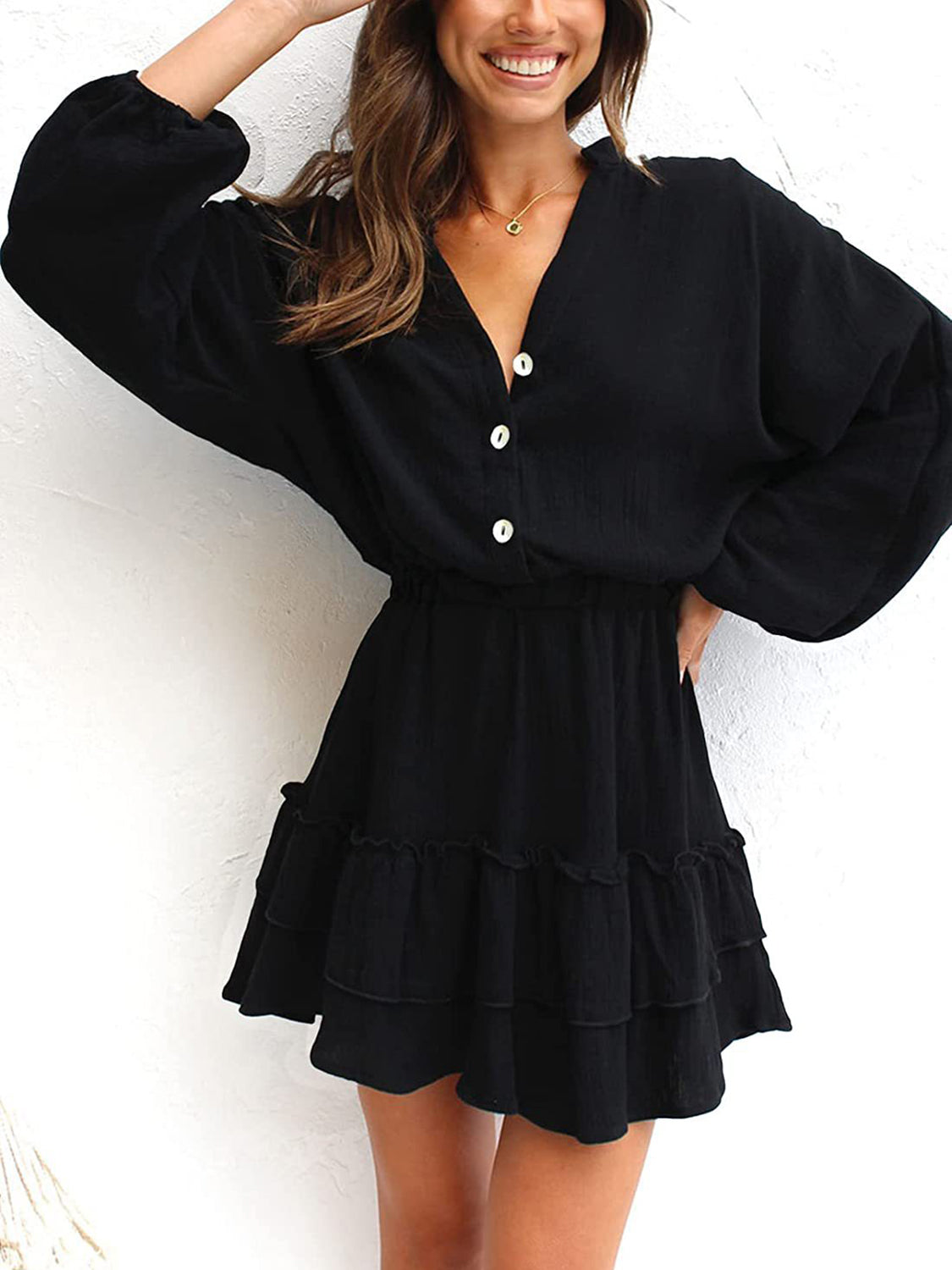 Ruffled Notched Balloon Sleeve Mini Dress