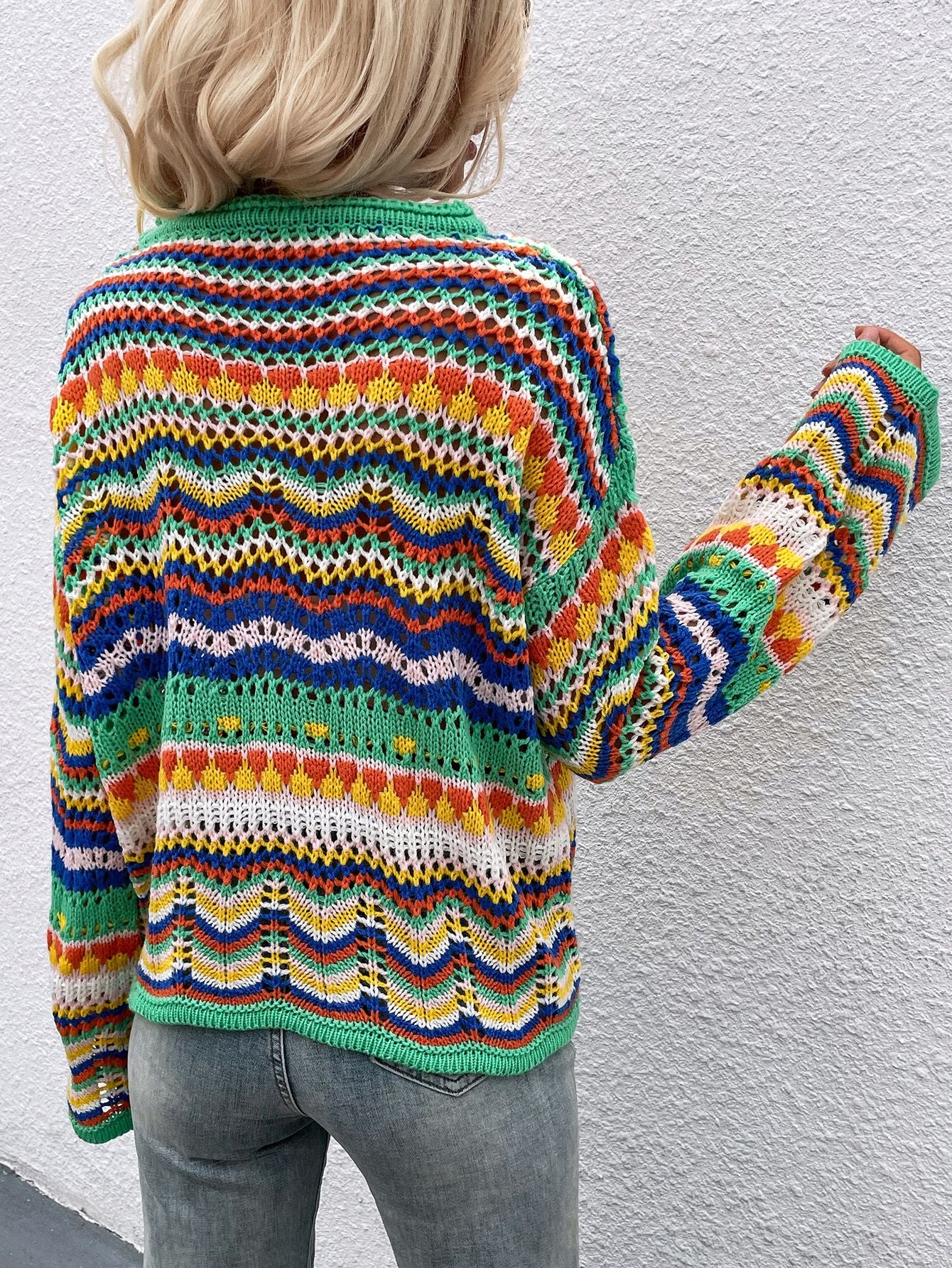 Rainbow Stripe Openwork Flare Sleeve Knit Top