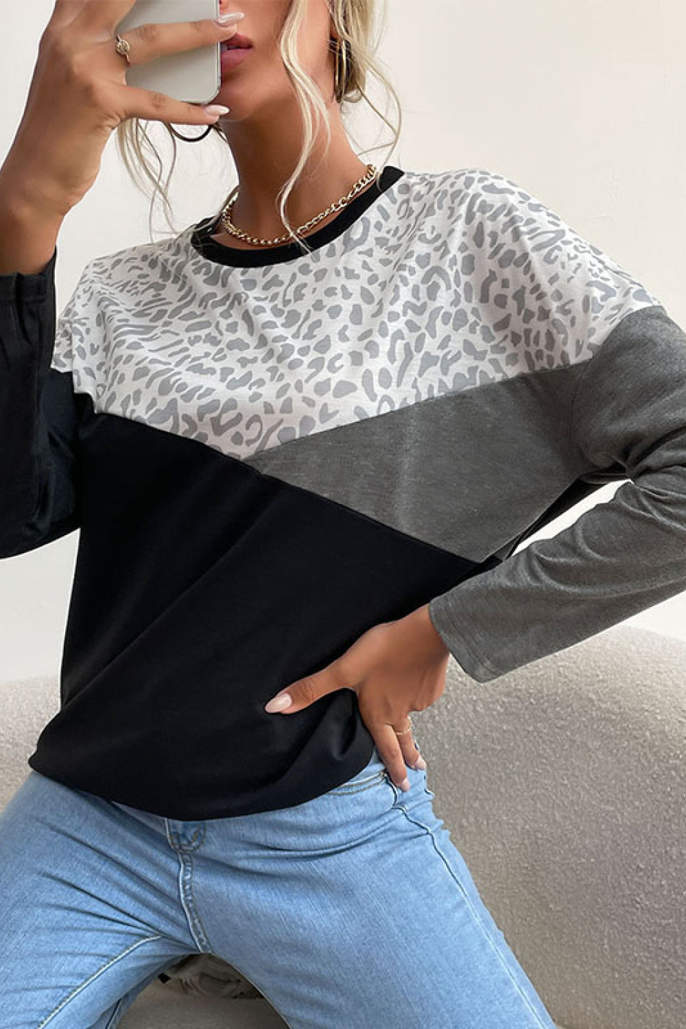 Perfee Leopard Color Block Pullover