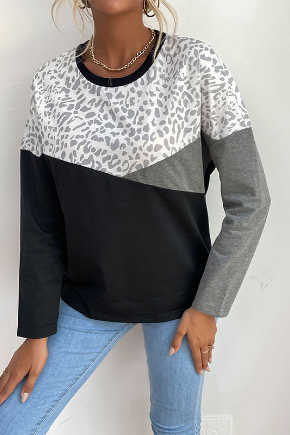 Perfee Leopard Color Block Pullover